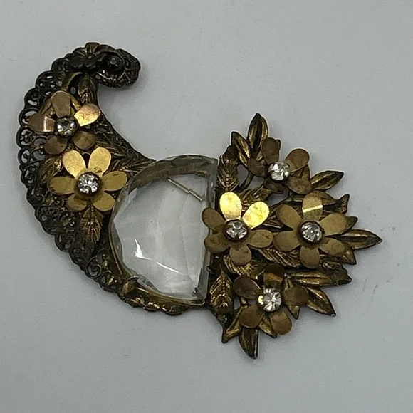 Antique Crystal Brass Faceted Glass Floral Huge Cornucopia Brooch Rare Statement